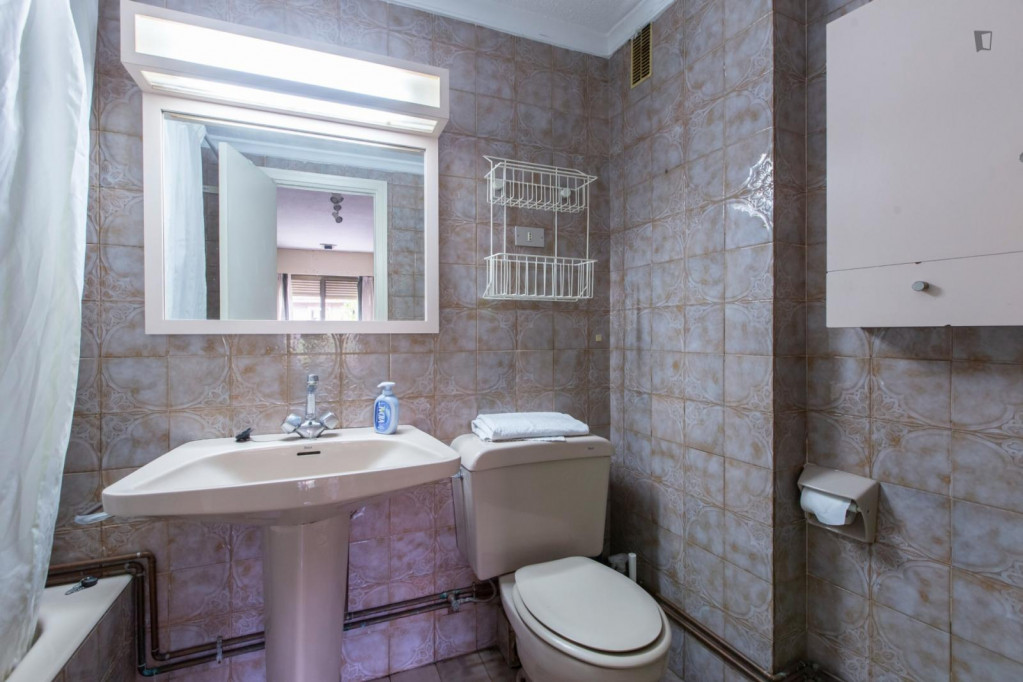 Enormous room with private bathroom, double bed, and big shiny full-size window