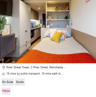 River Street Tower Residence Student Studio Rooms in Manchester